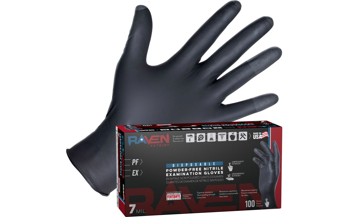 Raven® Patriot Powder-Free Exam Grade Nitrile Disposable Gloves - 7 Mil - 100BX - 10 BX/CASE
