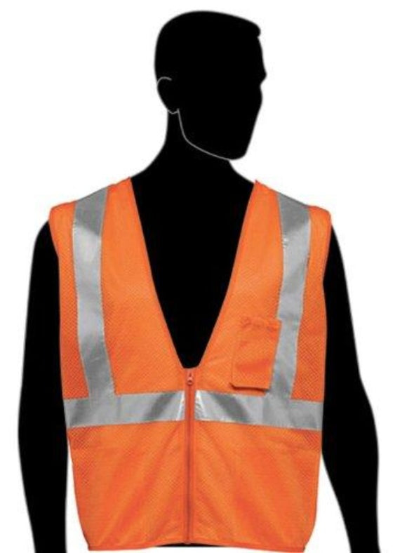 Class 2 Orange Mesh Safety Vest - Silver Hi-Viz strips w/ Pockets (Product # C16003F)