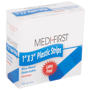 1" x 3" Blue Metal Detectable Plastic Bandage - 100 per Box (Product # 67133)